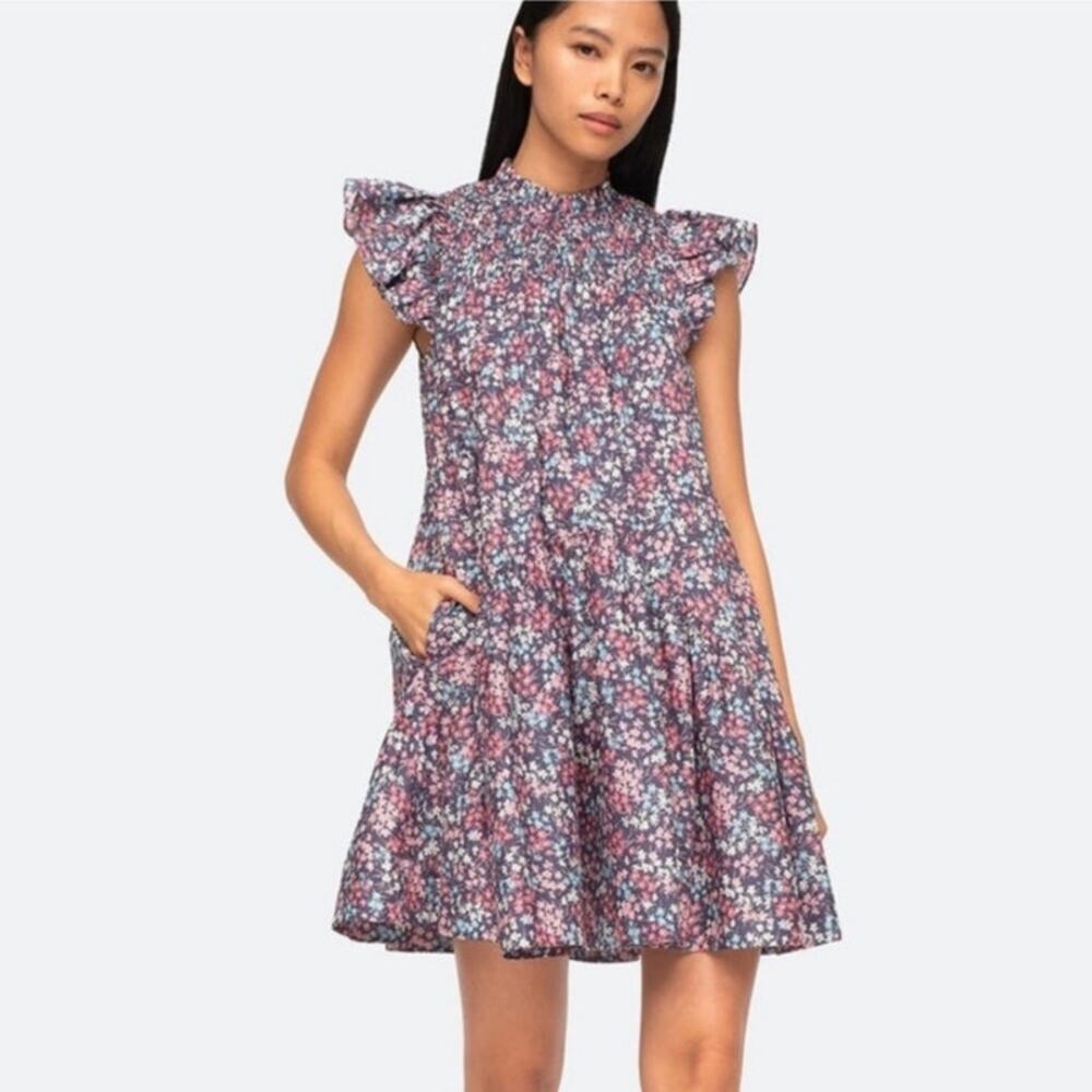 Sea Floral Mini Dress in Navy and Pink
